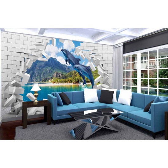 Photo mural jumping dolphins and broken brick wall Photo mural jumping dolphins and broken brick wall