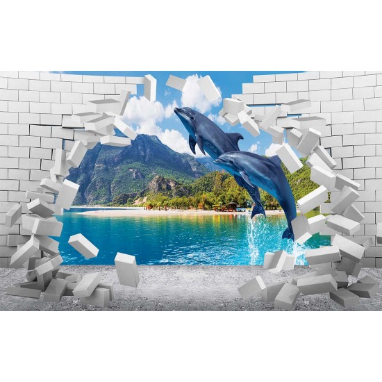 Photo mural jumping dolphins and broken brick wall Photo mural jumping dolphins and broken brick wall