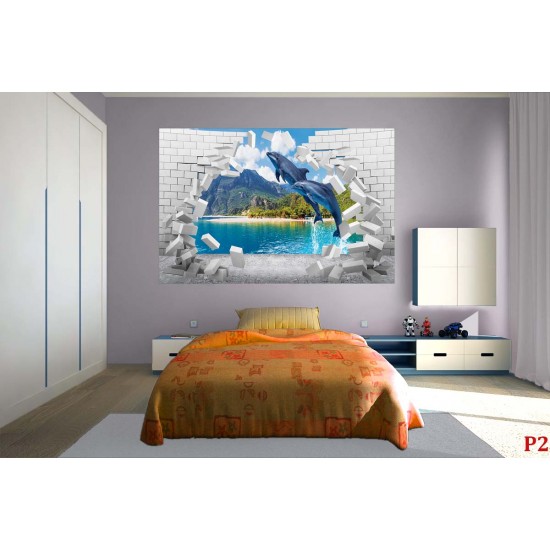 Photo mural jumping dolphins and broken brick wall Photo mural jumping dolphins and broken brick wall