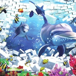 Wallpapers mural 3d dolphins and fish amid brocken brick wall Wallpapers mural 3d dolphins and fish amid brocken brick wall