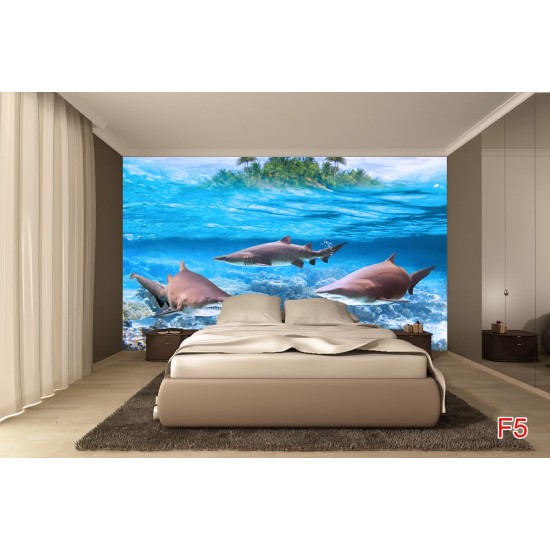 Wallpapers mural three sharks and a view with a small island Wallpapers mural three sharks and a view with a small island