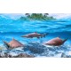 Wallpapers mural three sharks and a view with a small island Wallpapers mural three sharks and a view with a small island