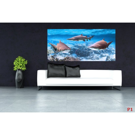 Wallpapers mural three sharks and a view with a small island Wallpapers mural three sharks and a view with a small island