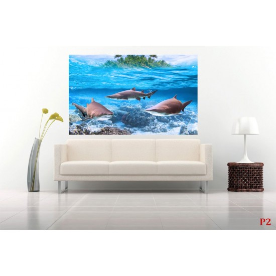 Wallpapers mural three sharks and a view with a small island Wallpapers mural three sharks and a view with a small island