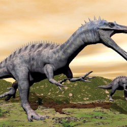 Wall mural dinosaurs beige background midst cliffs