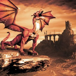 Wall murals 3D red dragon on background mystical castle Wall murals 3D red dragon on background mystical castle