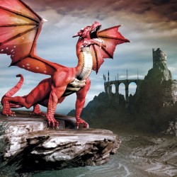 Wall murals 3D red dragon on background mystical castle