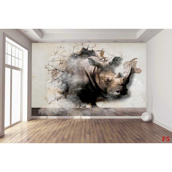 Wall murals 3D broken wall plaster with rhino