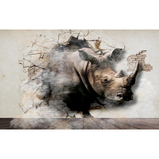 Wall murals 3D broken wall plaster with rhino