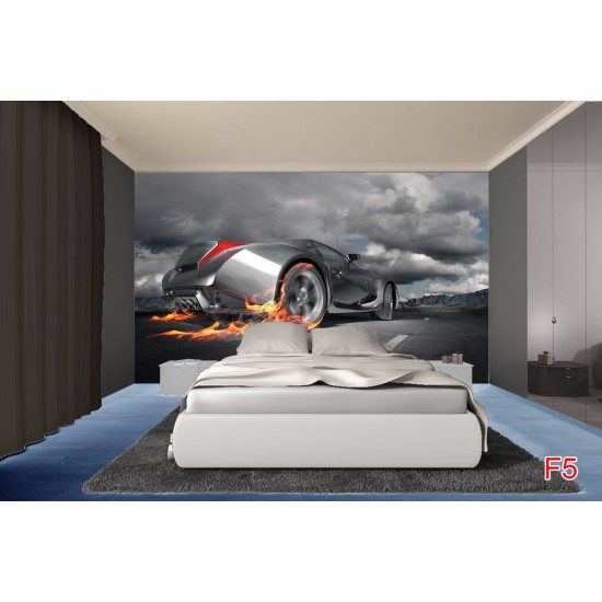 Wallpapers mural grey sports car in flames Wallpapers mural grey sports car in flames