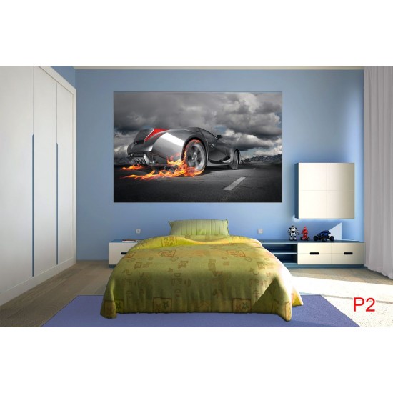 Wallpapers mural grey sports car in flames Wallpapers mural grey sports car in flames