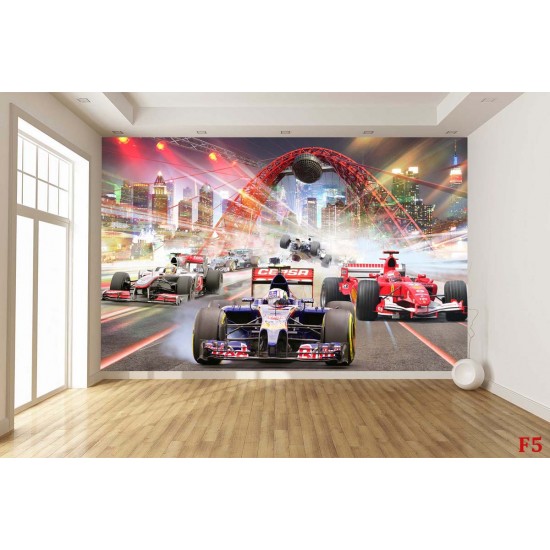 Wall mural 3d collage with rally cars and skyscrapers