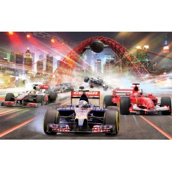 Wall mural 3d collage with rally cars and skyscrapers