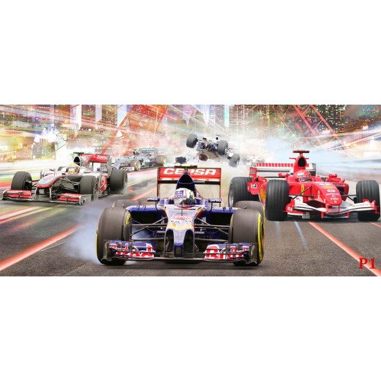 Wall mural 3d collage with rally cars and skyscrapers