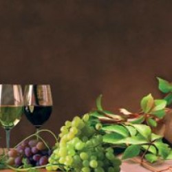 Wall murals for a kitchen composition of wine and grape on brown background